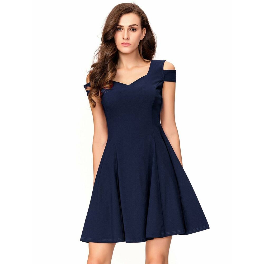 InsNova Womens Dress M‎ Cold Shoulder Navy Blue Cocktail Party Skater Solid NEW